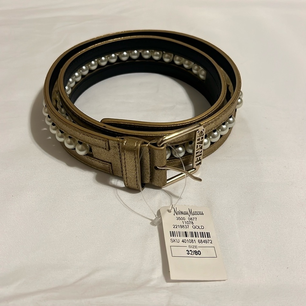 Chanel Gold Leather & Pearl Belt